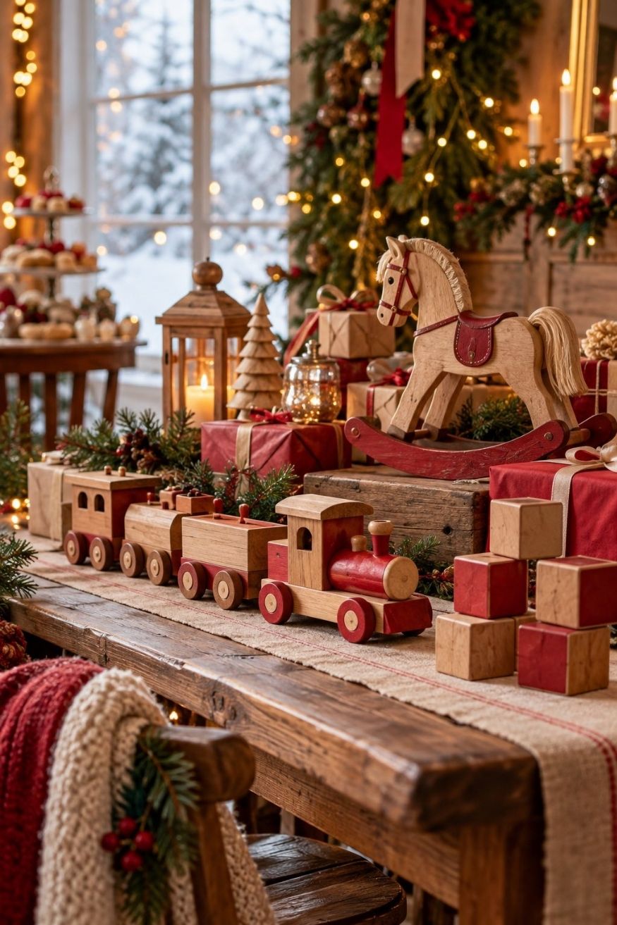 Wooden toy rocking horses, trains, and carved alphabet blocks arranged as decorative centerpieces on gift tables