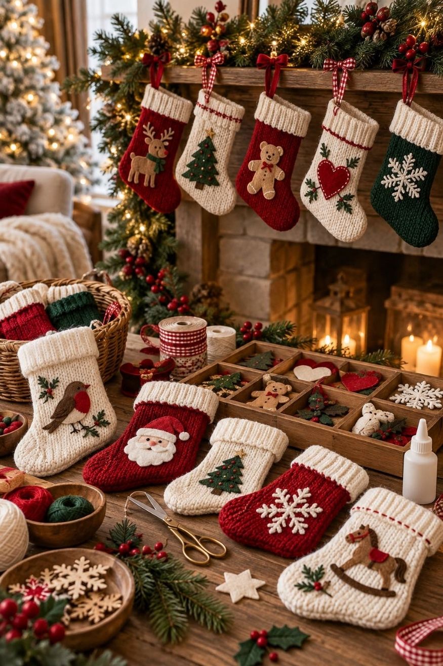 Miniature knit stockings laid out with felt alphabet patches, embroidered ribbons, and fabric adhesives