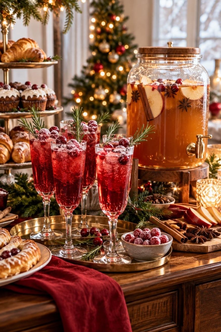 Glass goblets filled with sparkling cranberry mocktails garnished with rosemary sprigs and sugared cranberries next to a crock pot of spiced cider