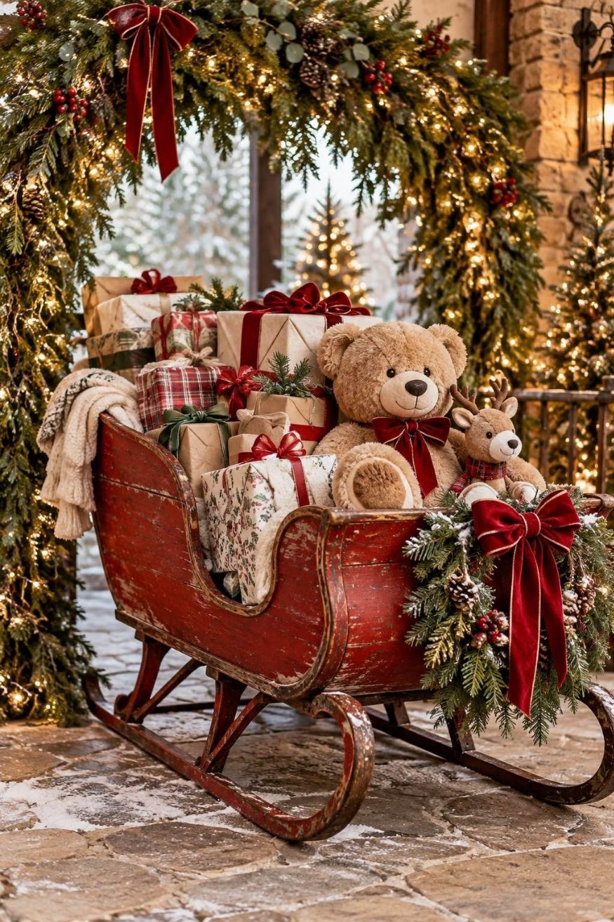 Vintage red wooden runner sleigh overflowing with gift wrapped baby presents and a large plush reindeer in front seat