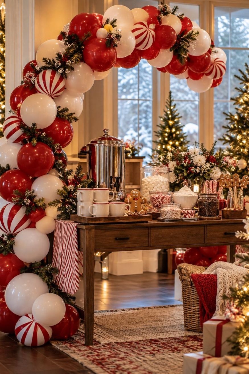 Red and white spiraled candy cane balloon arch framing a rustic hot cocoa bar with whipped cream bowls and peppermint sprinkles