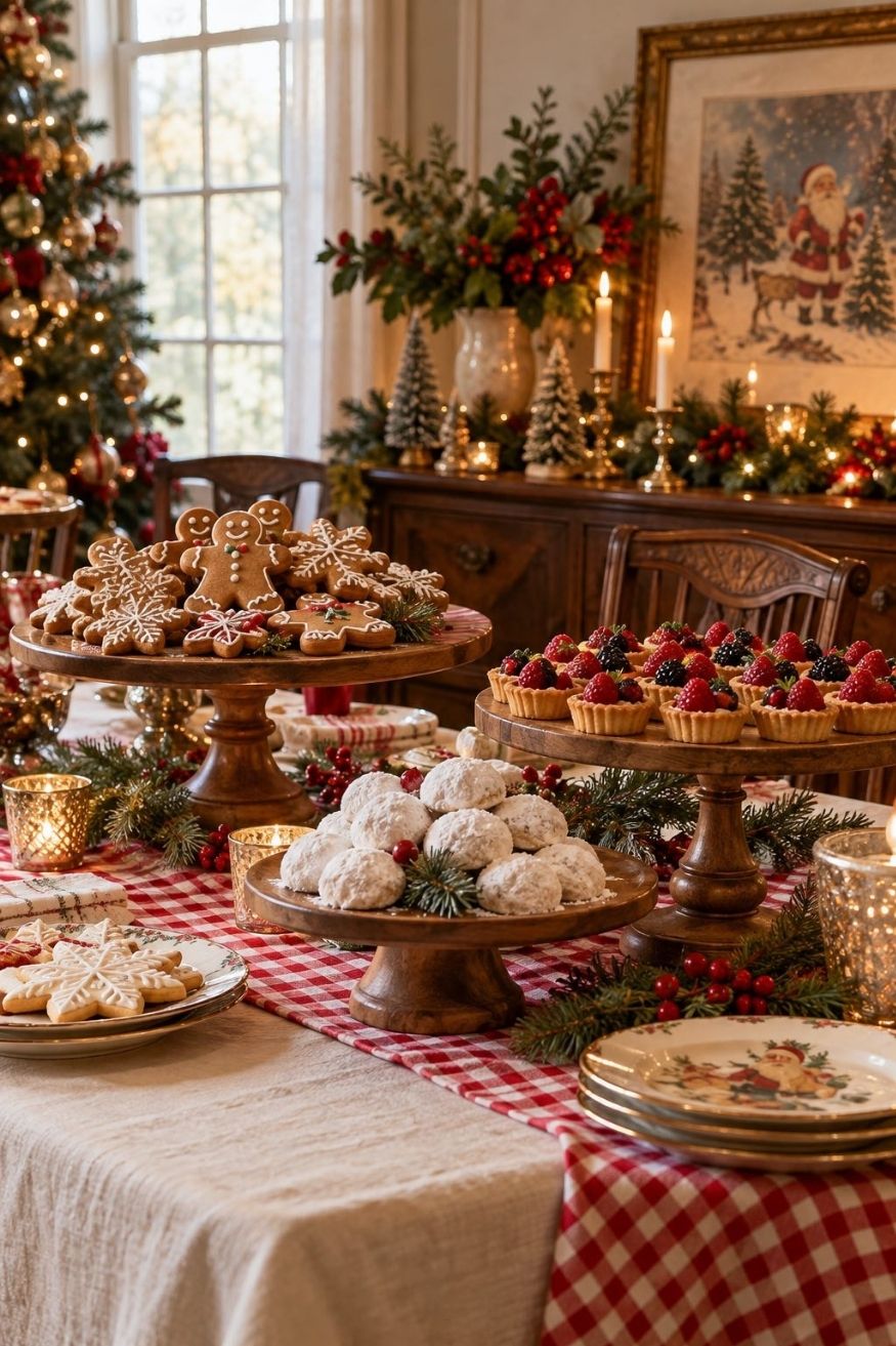 Red gingham table runner on cream tablecloth decorated with tiered wooden stands holding gingerbread cookies and vintage Santa art
