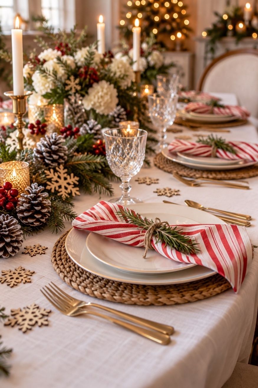 White linen dining table set with peppermint striped cloth napkins tied with rosemary sprigs and laser cut snowflake confetti