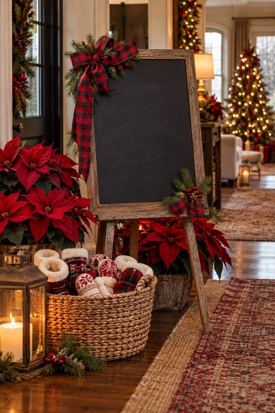 Chalkboard welcome sign wrapped in buffalo plaid ribbon resting on wooden easel flanked by potted red poinsettias