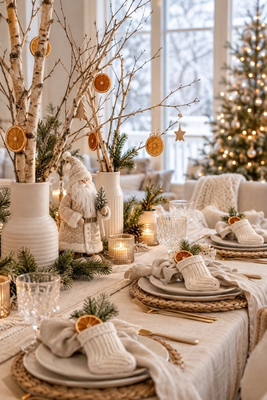 Bare birch branch centerpieces arranged with dried orange slices, cream ceramics, and small cable knit stockings on a wood table