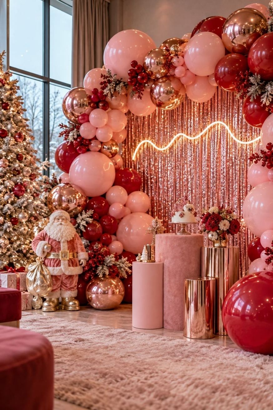 Blush pink and cranberry balloon arch framing a glowing neon Santa Baby sign against a metallic shimmer backdrop wall