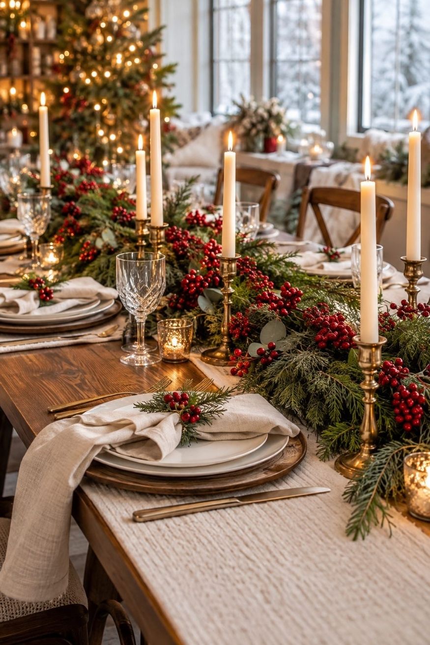 Lush fresh cedar garland running down dining table with red hypericum berries and brass taper candle holders