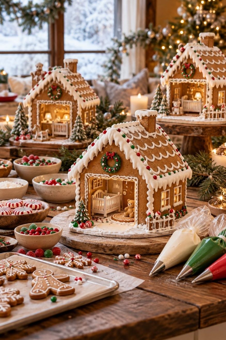 Miniature pre assembled gingerbread cottages with white royal icing piping bags and pastel candy bowls on craft tables
