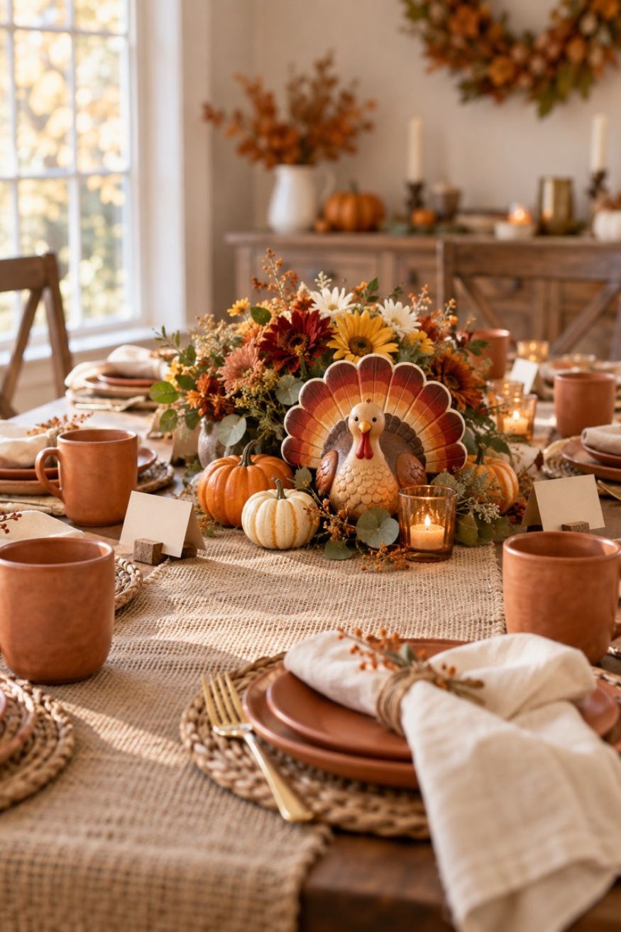 Thanksgiving table setting with rustic burlap runner, terracotta ceramics, and miniature white heirloom pumpkins
