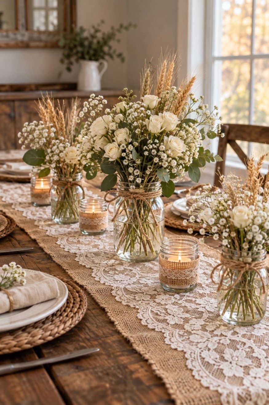 Natural burlap table runner layered with vintage white lace overlays and mason jars filled with spray roses and wheat