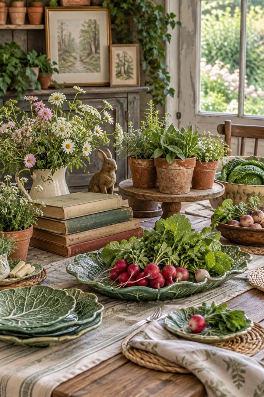 Terracotta flower pots paired with cabbage leaf platters, fresh garden radishes, and framed vintage Beatrix Potter storybook art