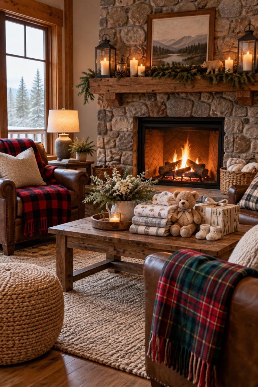 Living room seating area by stone fireplace draped with buffalo check flannel throws and cozy lounge pillows