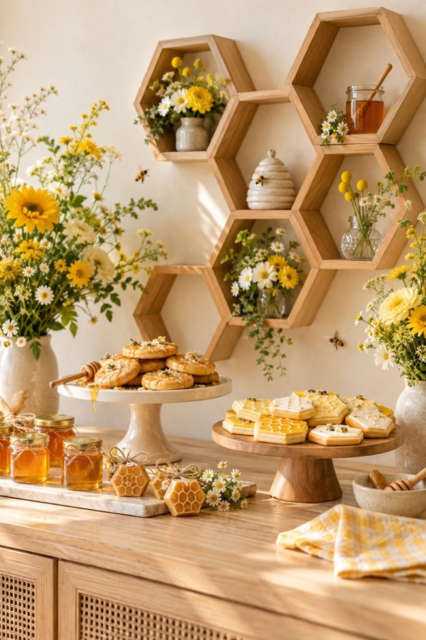 Geometric wooden honeycomb wall display decorated with yellow roses, honeycomb jars, and warm buttermilk biscuits
