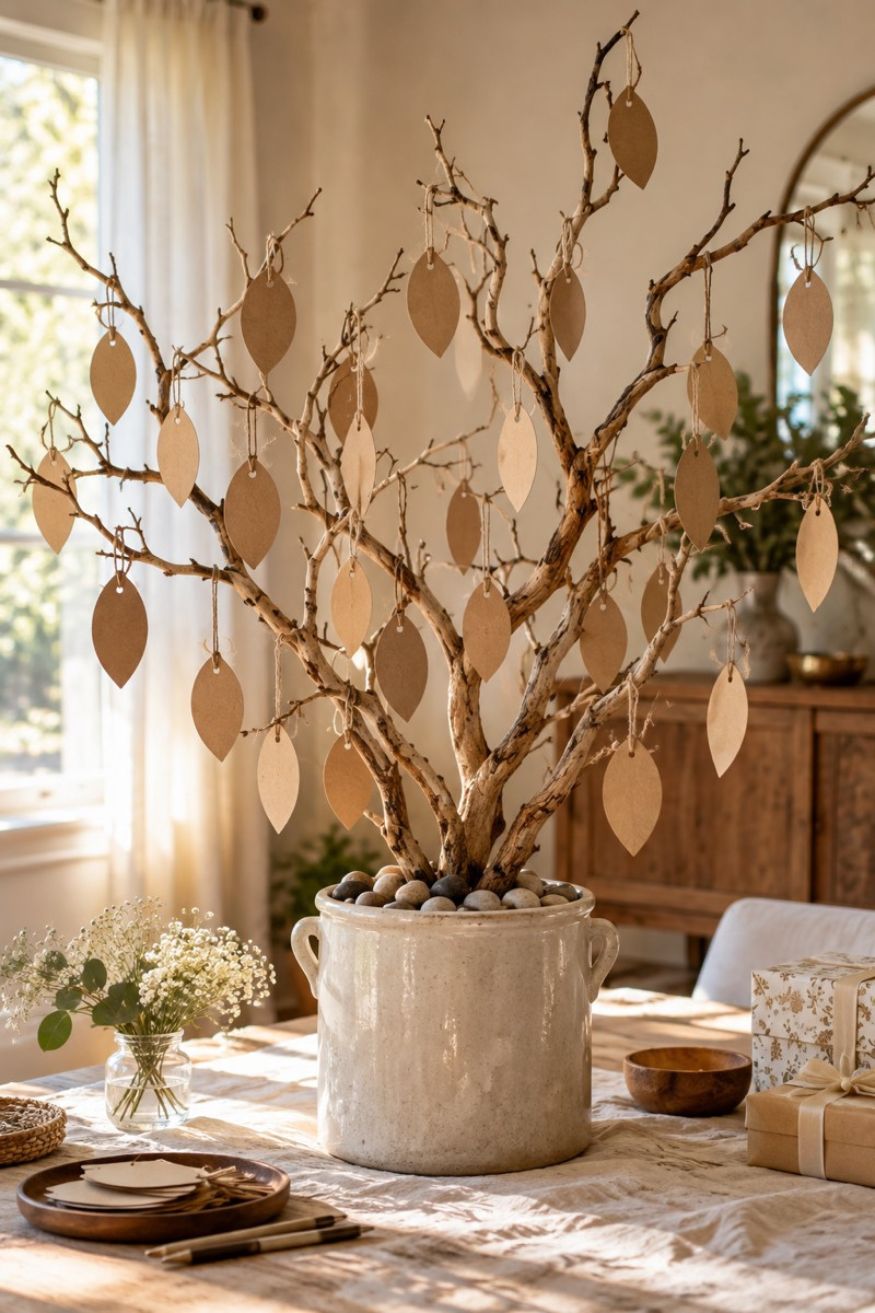 Sturdy natural branch inside a ceramic crock hung with Kraft paper leaf tags featuring written parenting blessings