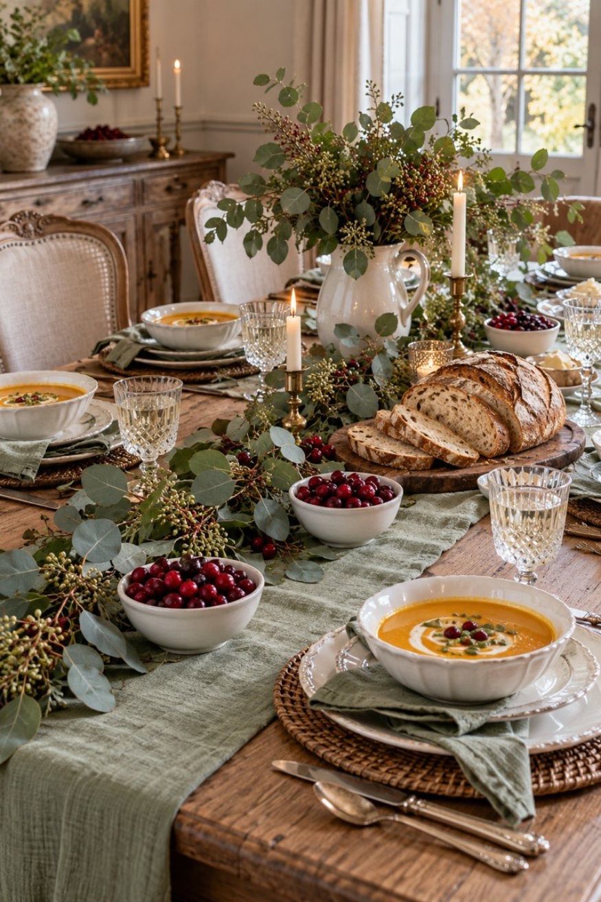 Sage green linen table runner layered with fresh seeded eucalyptus garlands and crystal bowls of deep red cranberries