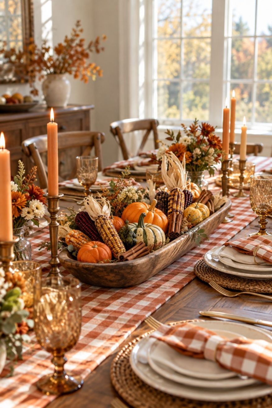 Rust orange and cream gingham table runners styled with wooden dough bowls holding dried corn and baby squash