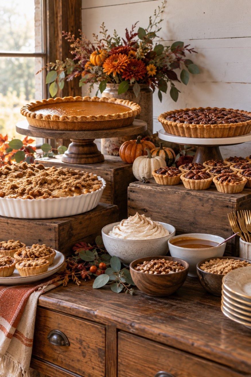 Rustic wooden crates displaying seasonal pies, pecan tarts, and bowls of freshly whipped spiced cream