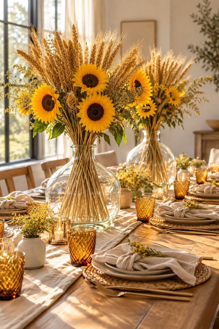 Amber glass demijohn vases filled with dried wheat sheaves and bold yellow sunflowers on a natural linen table
