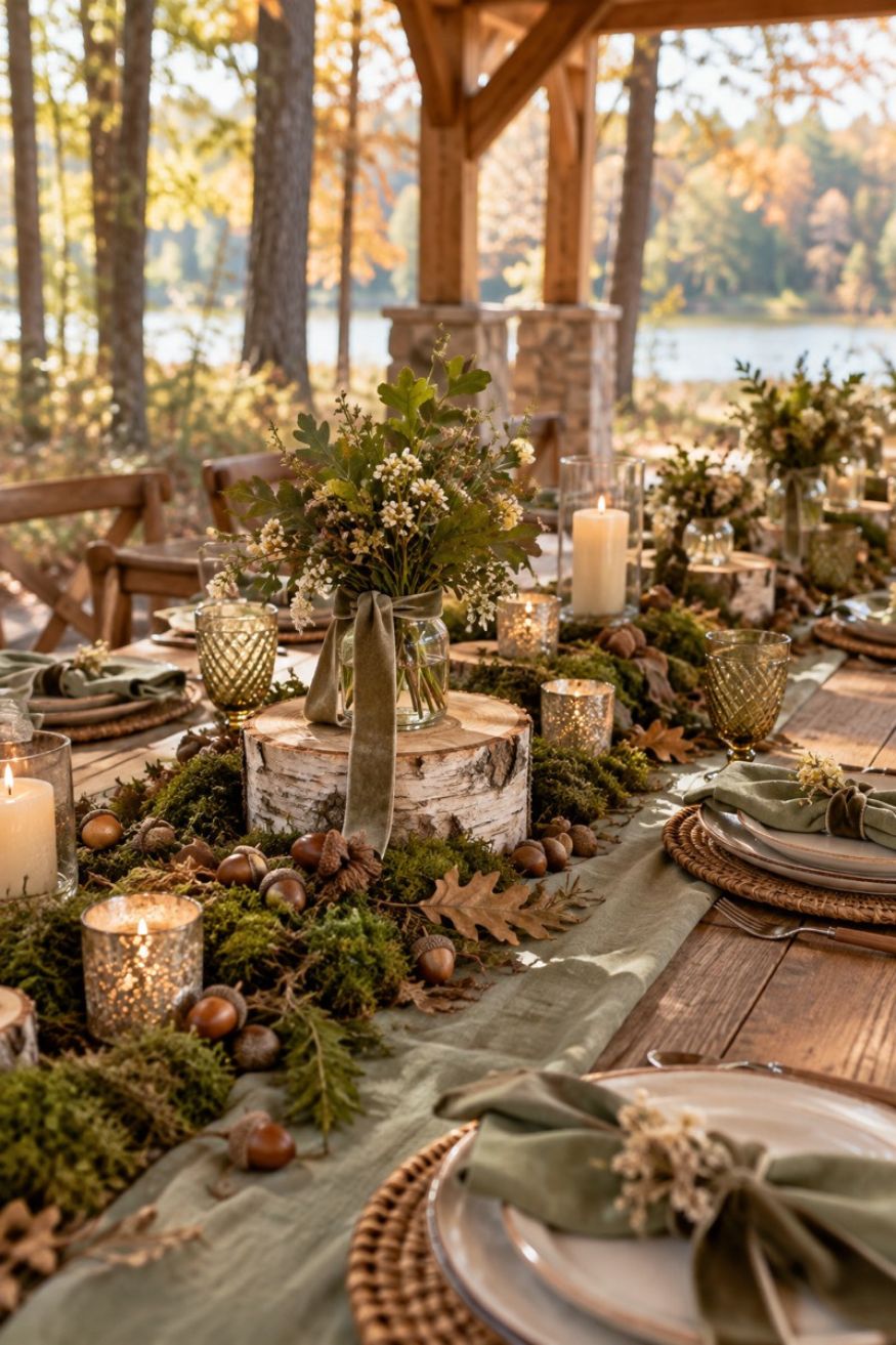Sage green dining table decorated with moss runners, sliced birch pedestals, and bowls of natural acorn caps