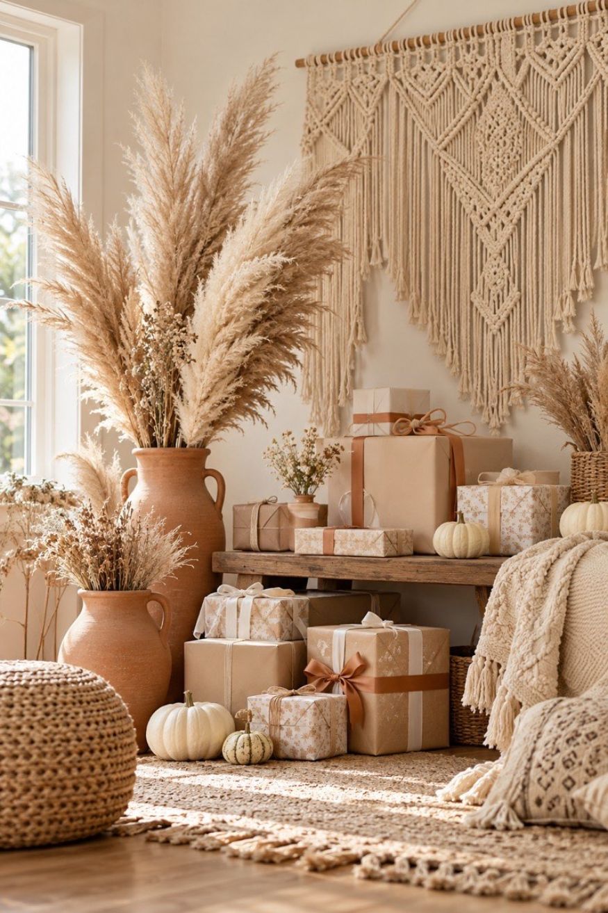 Fluffy neutral pampas grass plumes arranged in terracotta floor vases with macrame wall hangings and white mini pumpkins