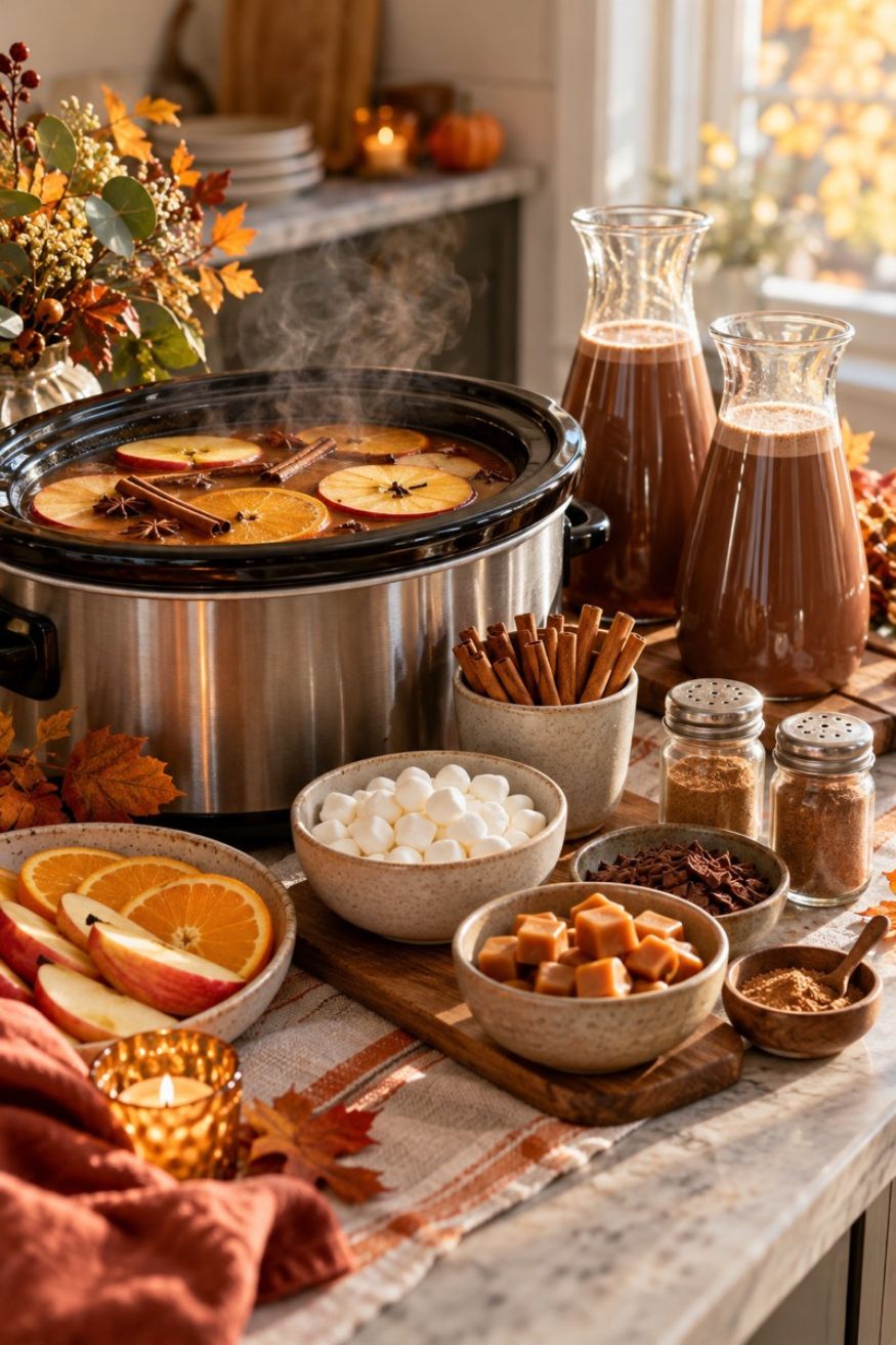 Slow cooker station filled with spiced apple cider alongside cinnamon sticks, marshmallows, and ceramic mugs