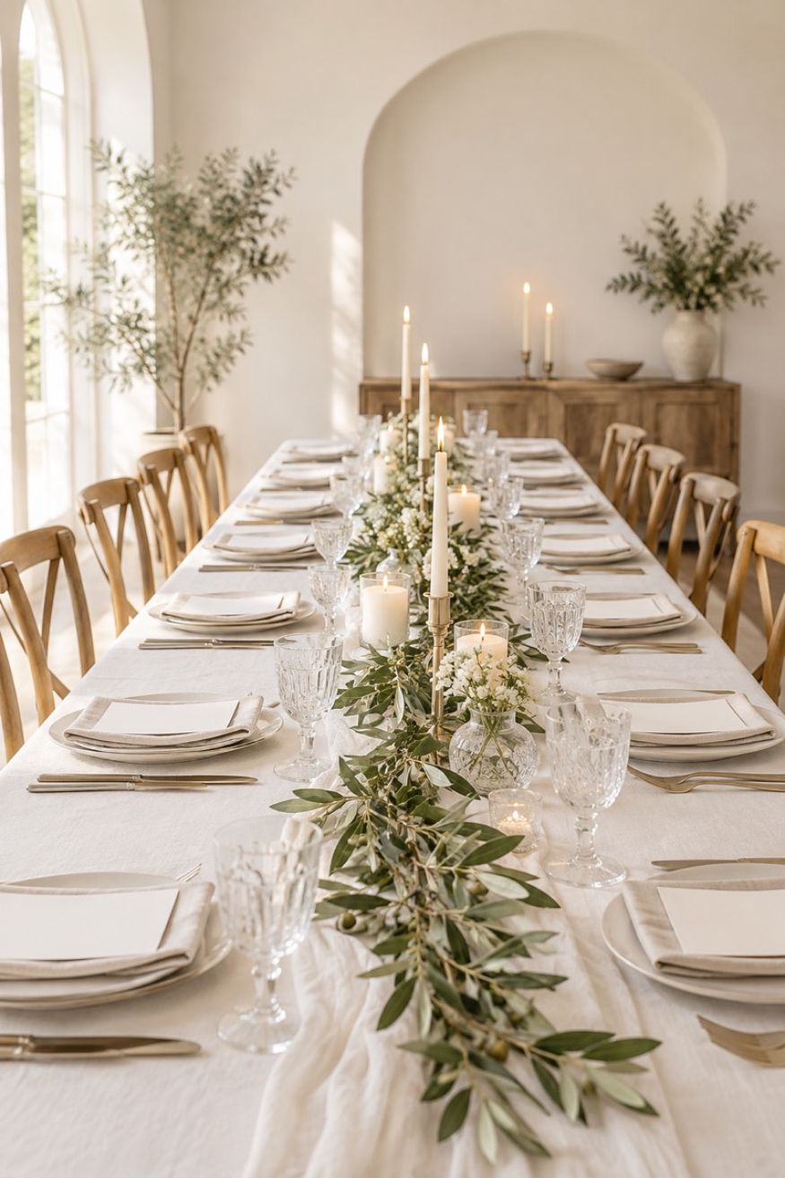 Long ivory banquet table decorated with delicate olive branch garland and minimalist hand calligraphed menu place cards