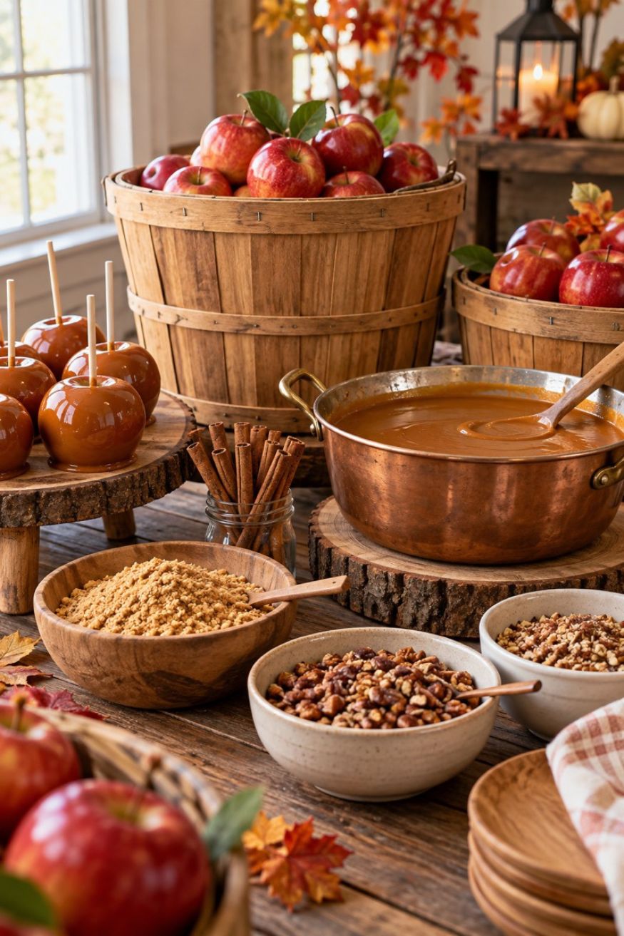 Rustic wooden apple baskets filled with Honeycrisp apples next to bowls of warm dipping caramel and toasted pecans